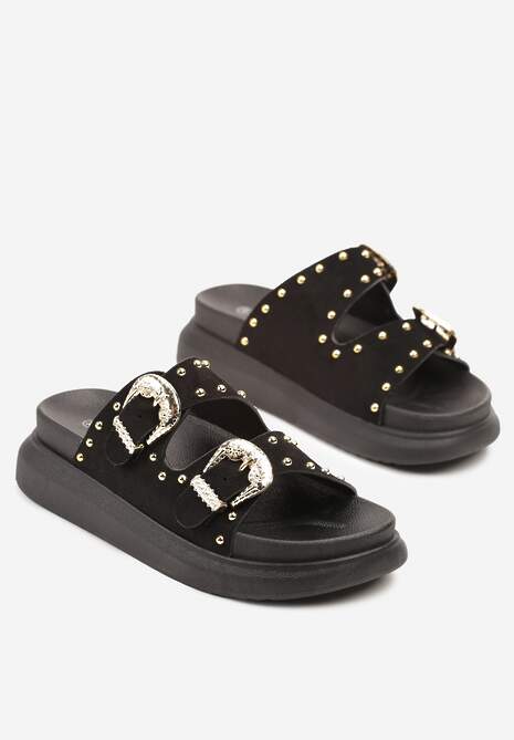 Czarne Klapki z Nitami i Klamrami Ravisi