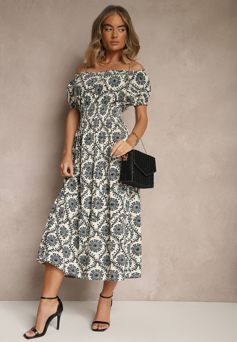 Czarna Sukienka z Bawełną Ozdobiona Bufiastymi Rękawami Revalle