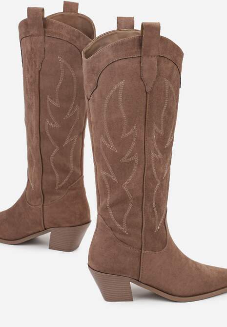 Ciemnobeżowe Haftowane Kozaki Kowbojki na Stożkowym Obcasie Galianna