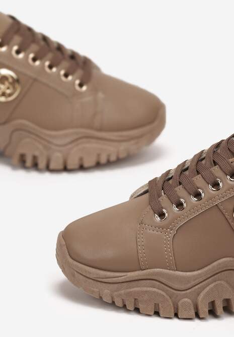 Ciemnobeżowe Sneakersy przed Kostkę z Metalicznym Zdobieniem na Grubej Podeszwie Umsine