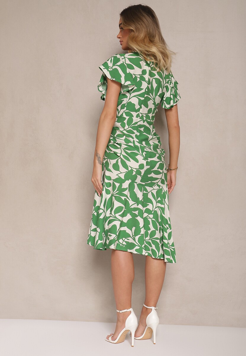 Jasnozielona Sukienka o Rozkloszowanym Kroju z Wiązaniem z Motywem Roślinnym Janiraena
