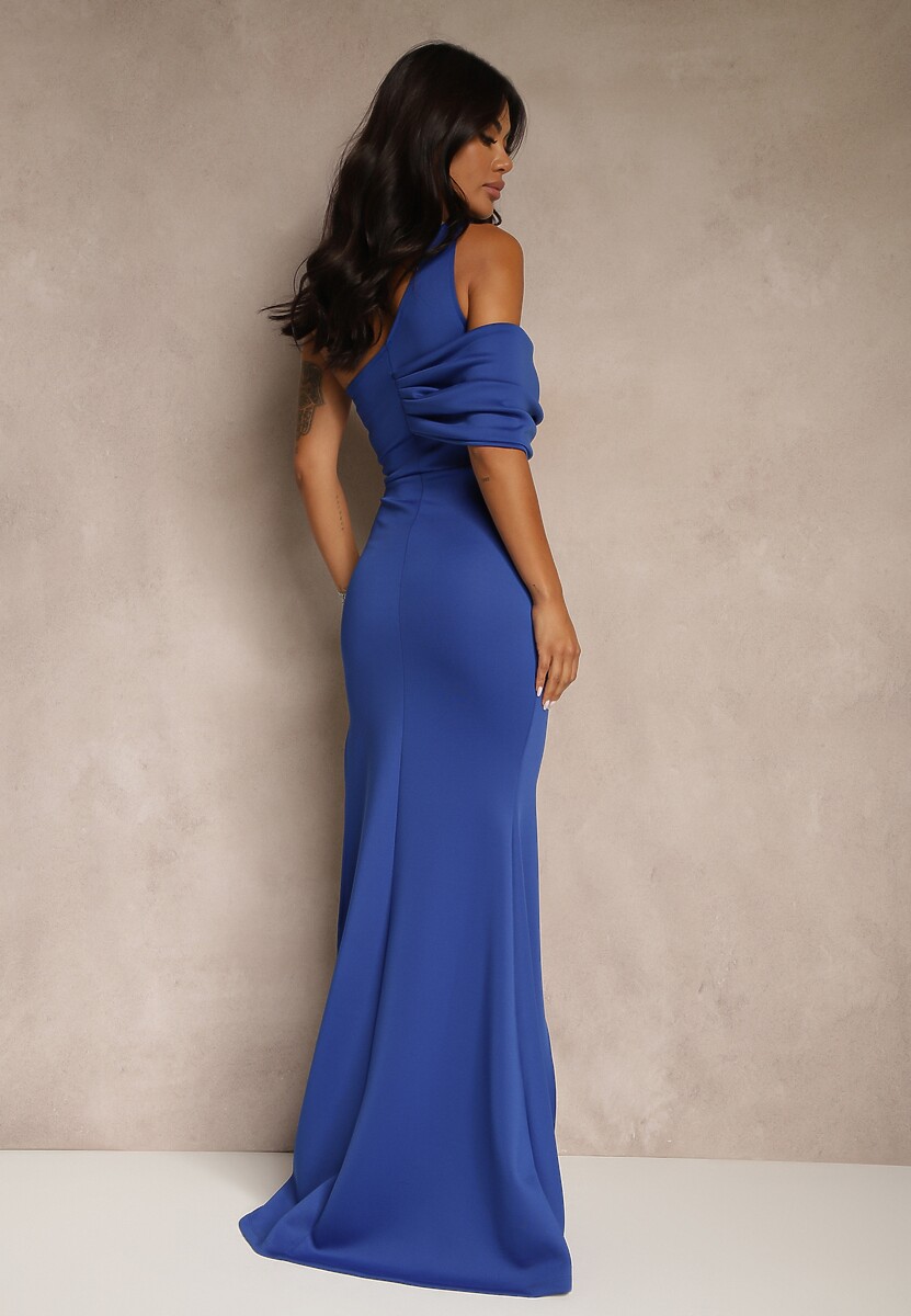 Granatowa Asymetryczna Sukienka Koktajlowa z Rozcięciem i Marszczeniem Kremelia