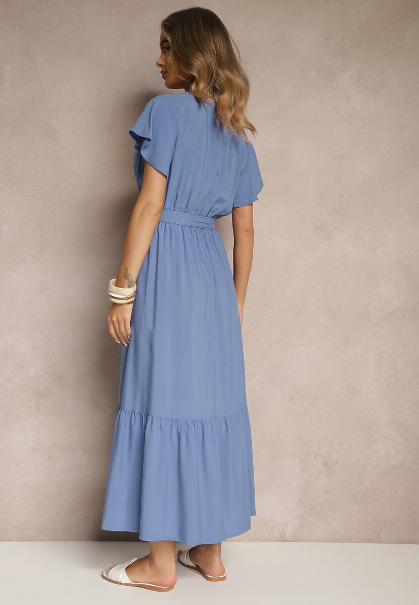 Niebieska Kopertowa Sukienka z Wiskozy Ozdobiona Paskiem Savioneira