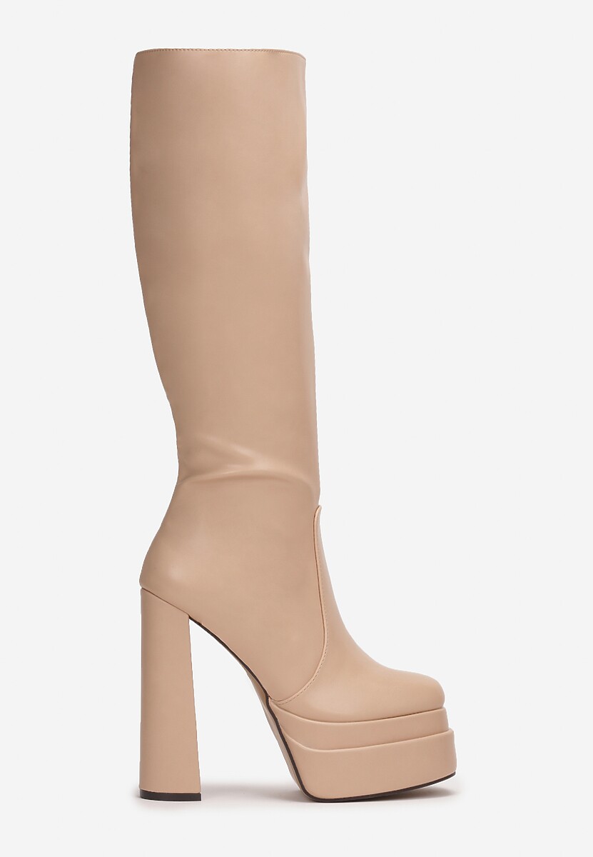 Beżowe Kozaki na Platformie i Słupku Solphin