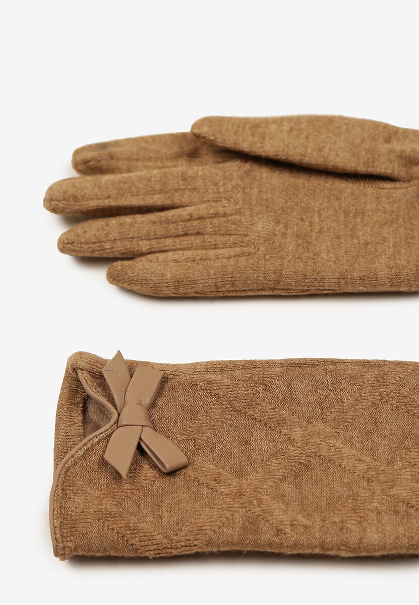 Ciemnobeżowe Rękawiczki Dzianinowe z Bawełną Ozdobione Kokardą Filremi