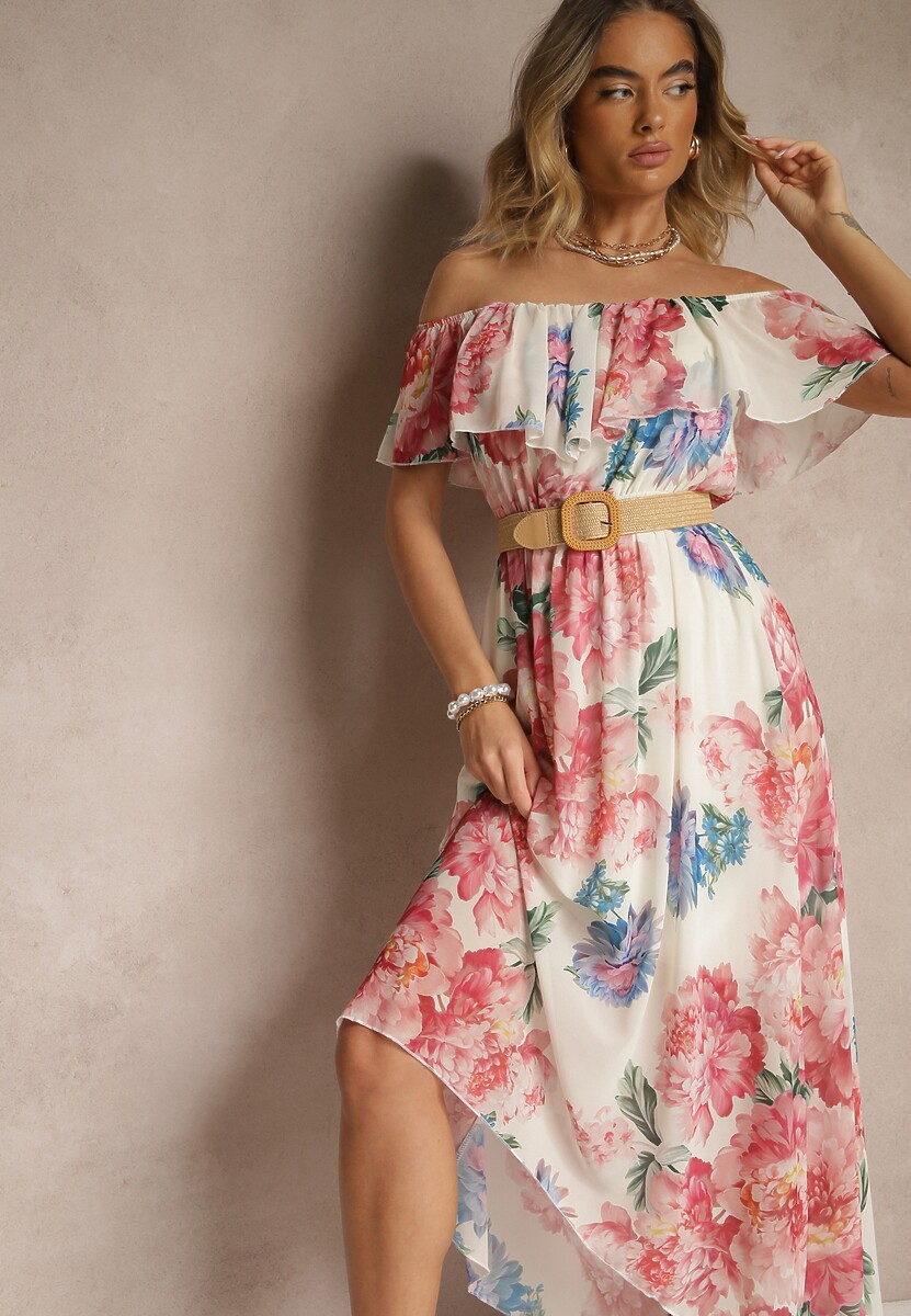 Różowa Sukienka Hiszpanka z Kwiatowym Wzorem i Plecionym Paskiem Sadeene