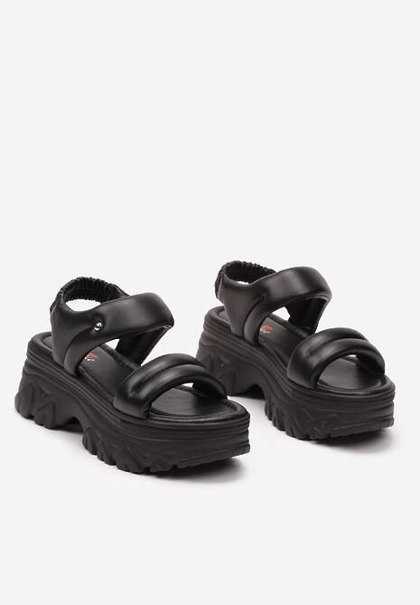 Czarne Sandały z Imitacji Skóry na Płaskiej Grubej Podeszwie Farena