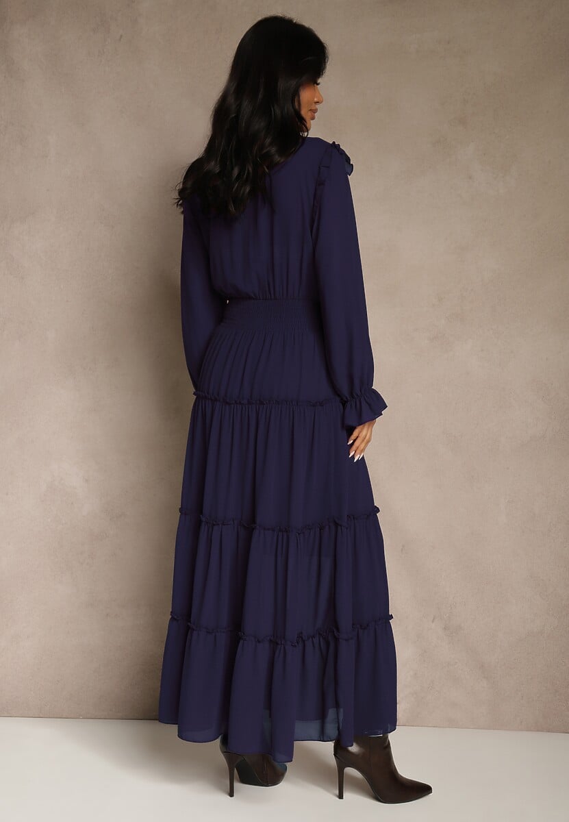 Granatowa Sukienka VICES Koszulowa z Falbaną w Rustykalnym Stylu Arivite