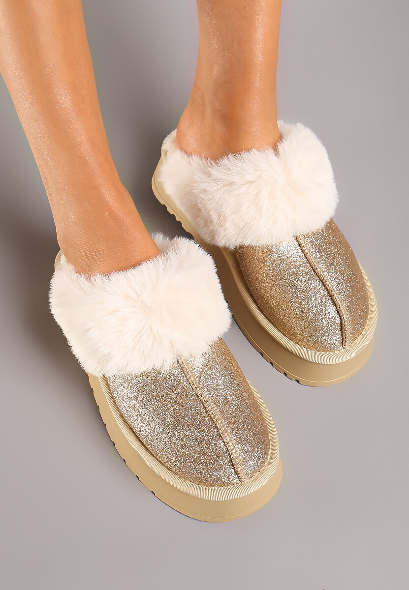 Złote Brokatowe Kapcie na Platformie Ozdobione Futerkiem Innavellea