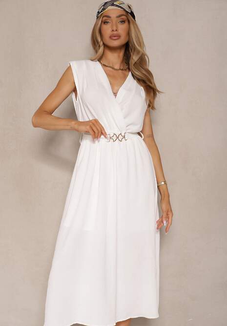 Biała Sukienka o Rozkloszowanym Kroju z Paskiem z Klamrą Meniros