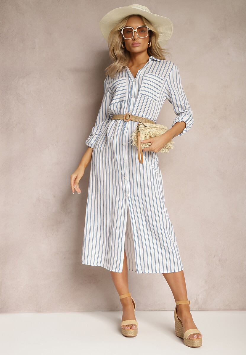 Biało-Niebieska Koszulowa Sukienka Midi w Paski z Lnem i Jasnym Plecionym Paskiem Efordia