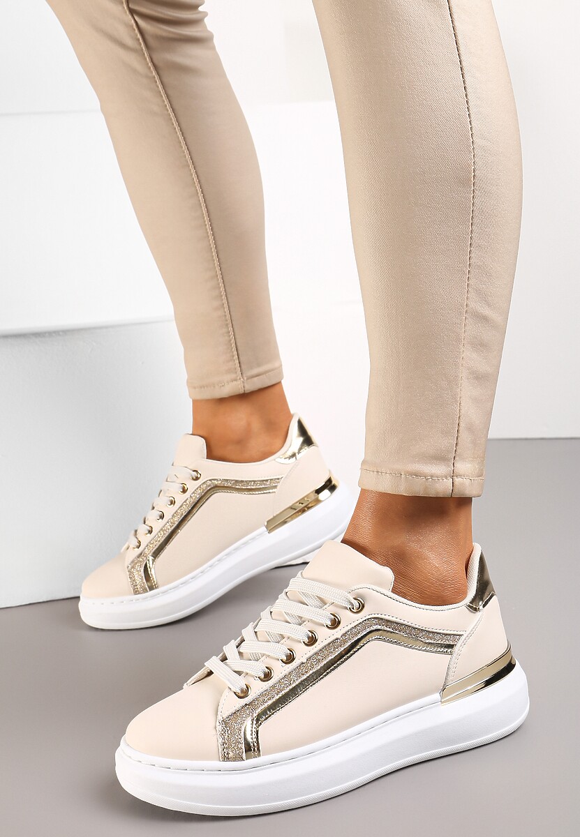 Beżowe Sneakersy na Grubej Podeszwie z Brokatem Veneli