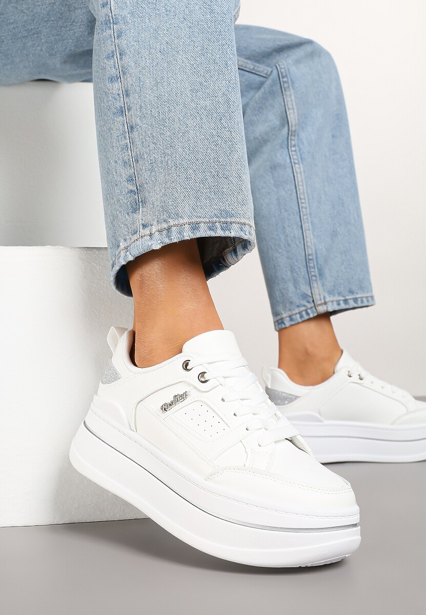 Białe Sneakersy z Brokatem na Platformie Larinea