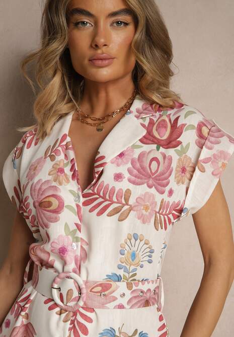 Różowa Koszulowa Sukienka z Wiskozą z Dodatkowym Paskiem Nitapinia