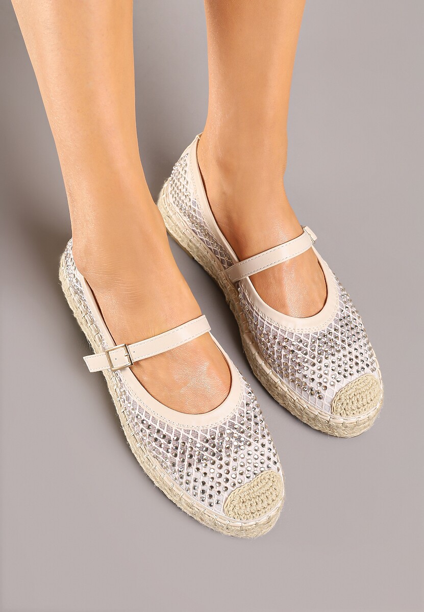 Beżowe Espadryle Ozdobione Plecionką i Ażurową Cholewką Rinelona