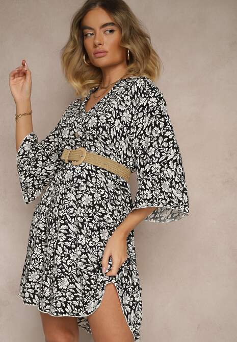 Czarna Rozkloszowana Sukienka z Bawełny Zdobiona Kwiatowym Wzorem Jenelitia