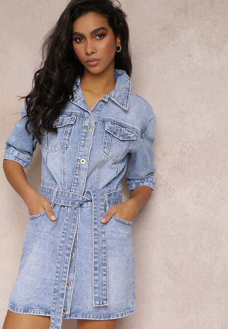 Niebieska Sukienka Koszulowa z Jeansu z Paskiem i Guzikami Avaleen