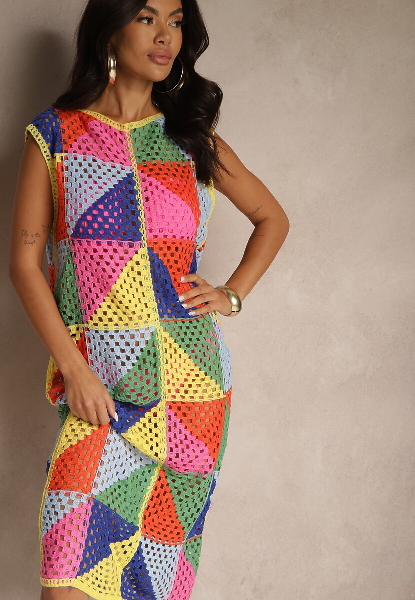 Różowo-Żółta Pudełkowa Ażurowa Sukienka z Bawełny w Geometryczny Wzór Tilianela