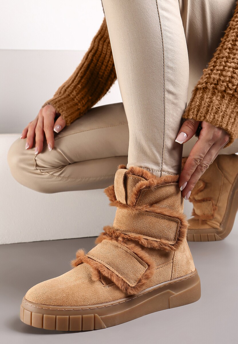 Beżowe Botki za Kostkę z Ozdobnym Futerkiem Eskara