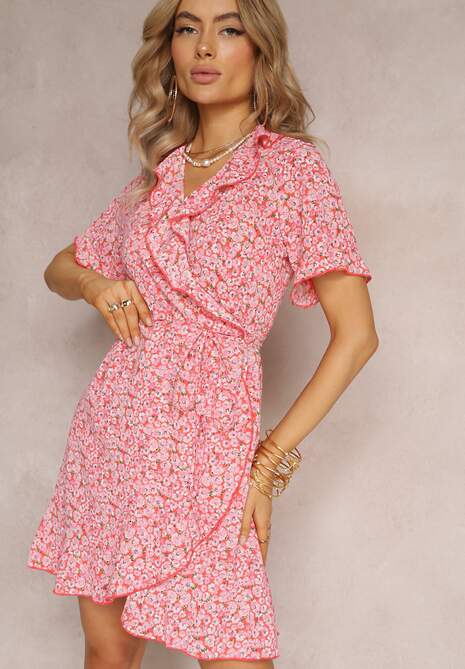 Czerwona Sukienka Kopertowa z Falbankami Aovene