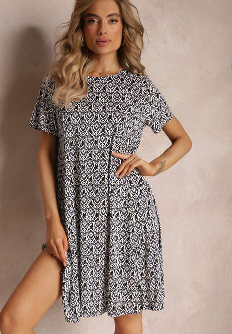 Czarno-Beżowa Sukienka Mini z Krótkimi Rękawami i Wzorem w Kwiaty Cassatha