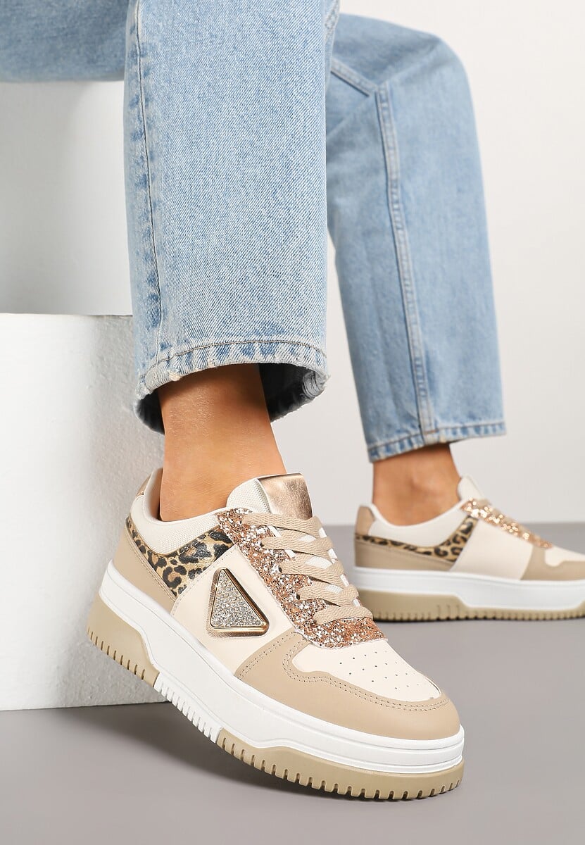 Ciemnobeżowe Sneakersy z Perforacją Cyrkoniami i Brokatem Tillidara