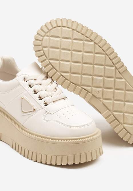 Beżowe Sneakersy na Platformie z Tłoczeniem Halinea