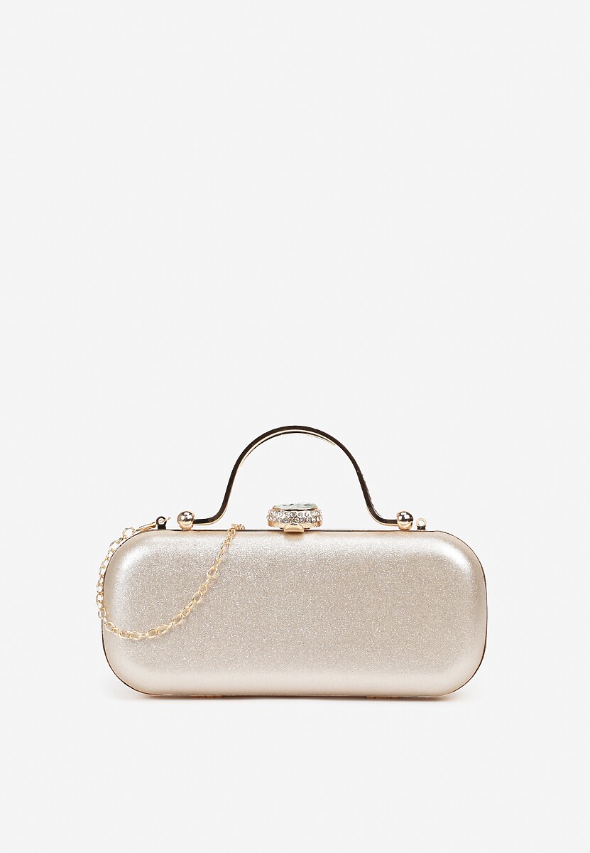 Złota Torebka Koktajlowa Zapinana na Zatrzask z Łańcuszkiem i Rączką Ozdobiona Cyrkoniami Carsea