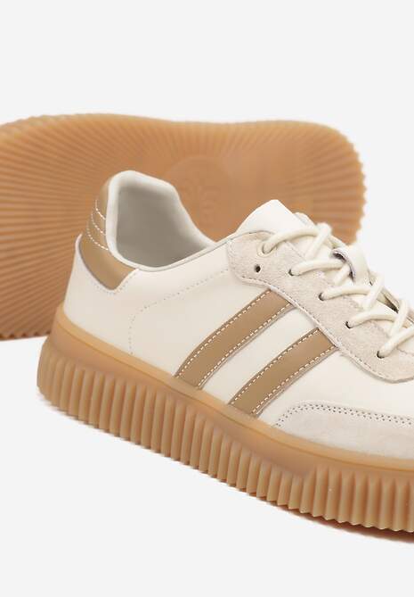 Beżowo-Brązowe Zamszowe Sneakersy w Stylu Kultowych Tenisówek ze Skórzaną Wkładką Tenannia