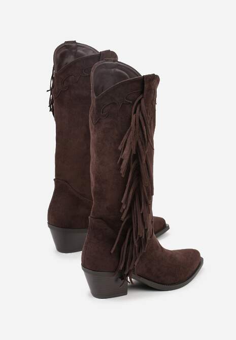 Ciemnobrązowe Kozaki Kowbojki na Stożku Ozdobione Frędzlami Reianeva
