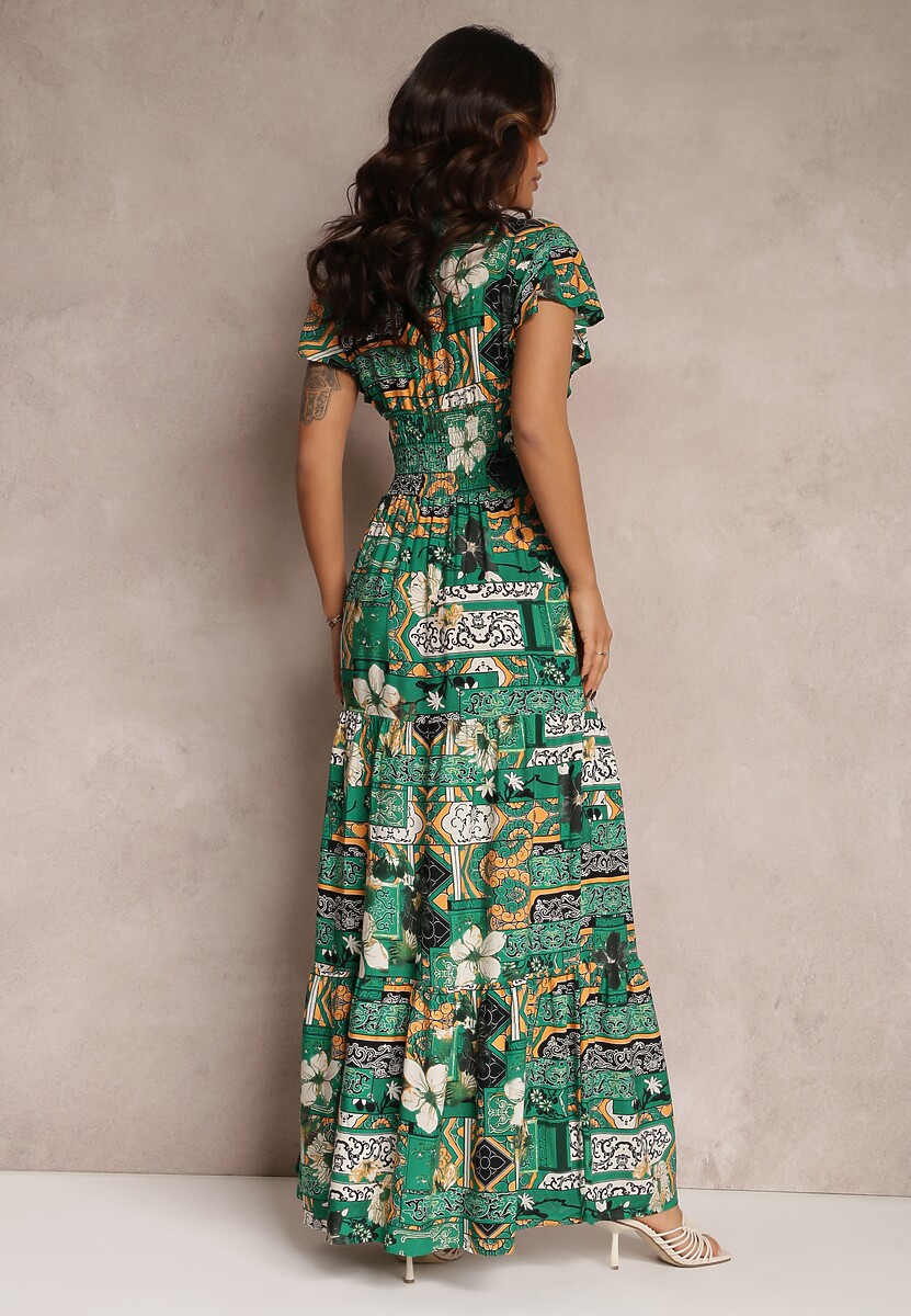Zielona Sukienka z Wiskozy Maxi z Gumką w Pasie Weha