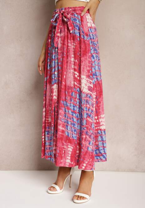 Różowa Rozkloszowana Spódnica z Wiskozy z Nieodpinanymi Ozdobnymi Guzikami Zafina