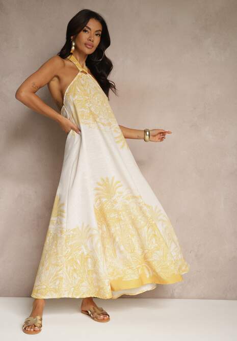 Żółta Sukienka z Wiskozą Ozdobiona Wiązaniem i Wzorem Palm Folenella