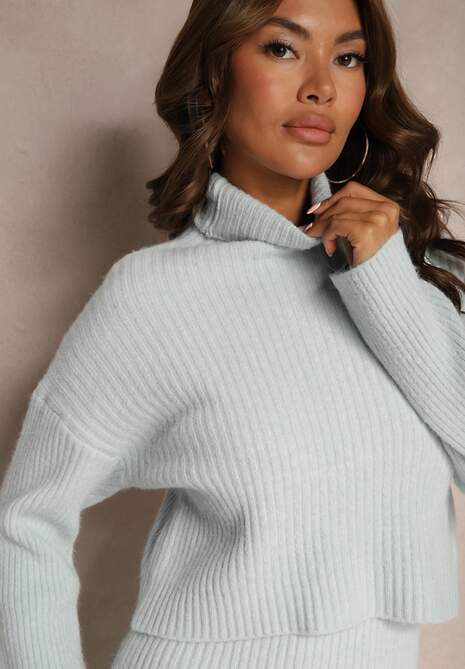 Jasnoniebieski Komplet Prążkowany z Dodatkiem Wełny Sukienka Dopasowana Bez Rękawów i Golf Rialina