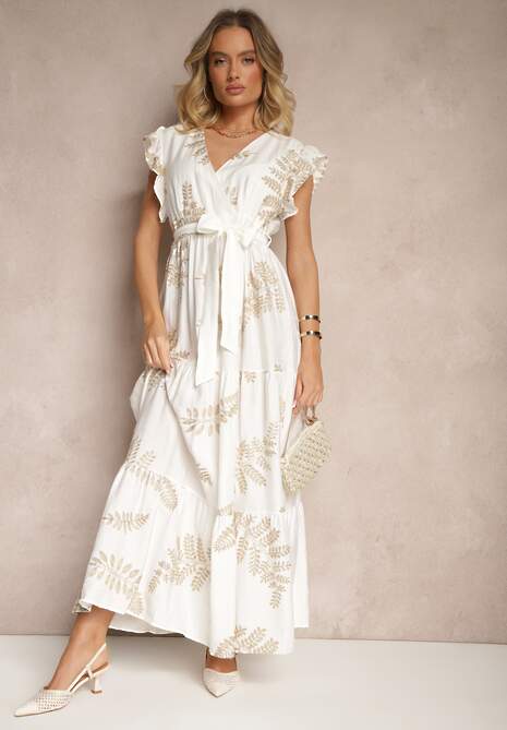 Biała Sukienka z Wiskozy z Ozdobnym Haftem i Metaliczną Nicią Grelvesa