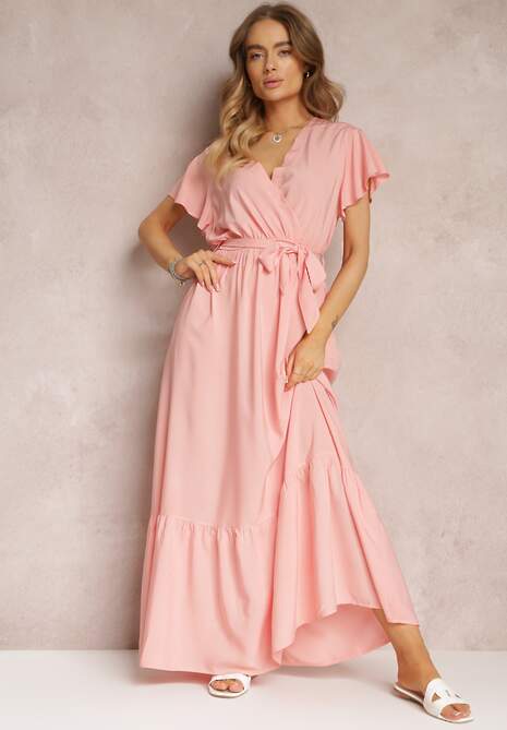 Różowa Rozkloszowana Sukienka Maxi z Gumką w Talii i Falbankami Tracia