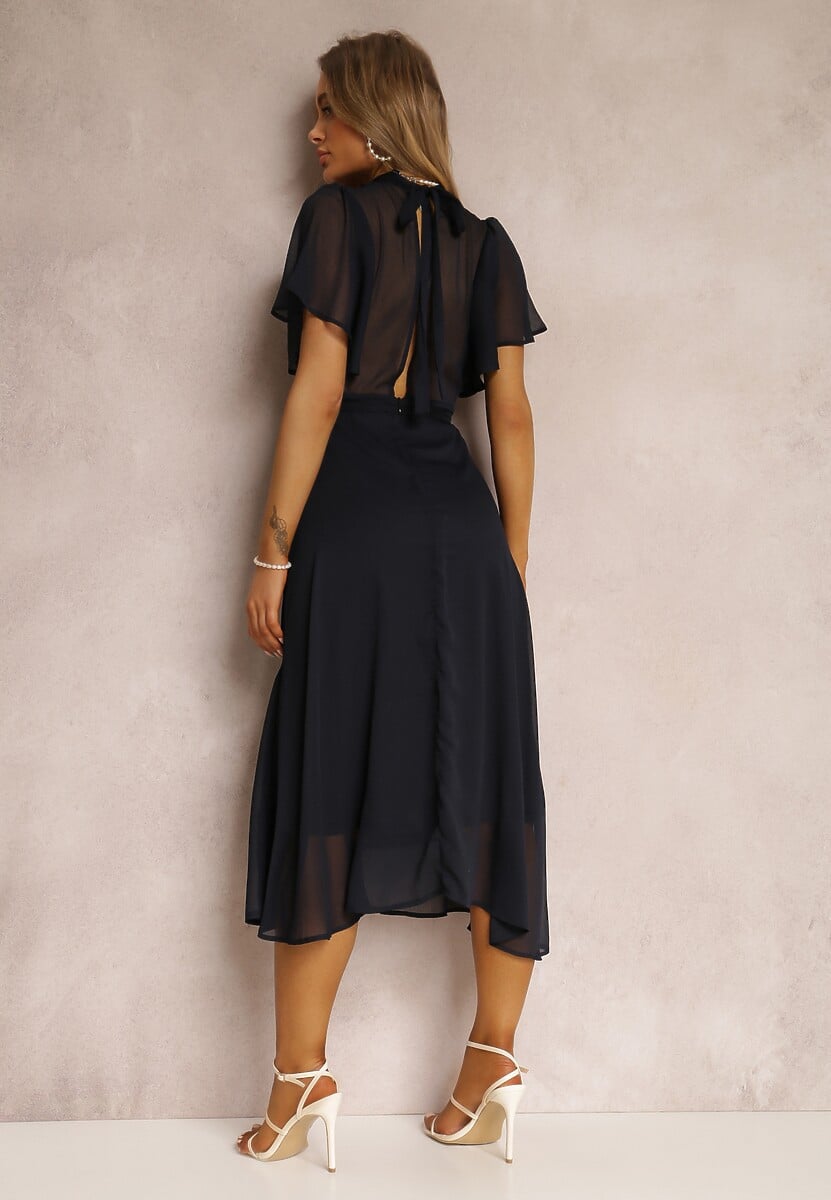 Granatowa Rozkloszowana Sukienka z Odkrytymi Plecami i Wiązaniem Syrissis