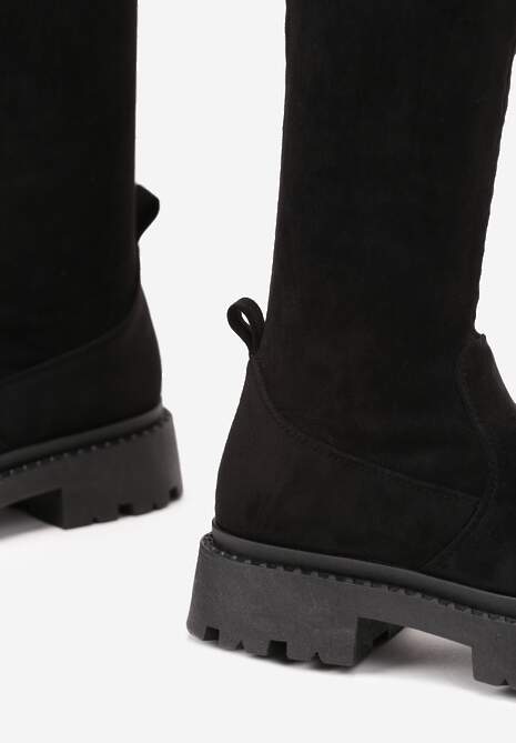 Czarne Kozaki za Kolano z imitacji Zamszu na Grubej Podeszwie Dolce