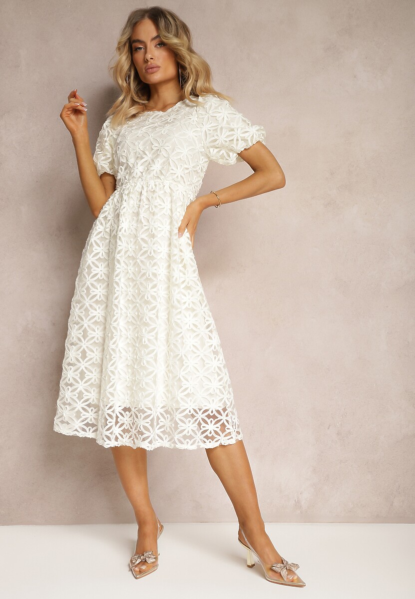 Beżowa Sukienka z Tiulem we Wzory o Rozkloszowanym Fasonie Zorbia