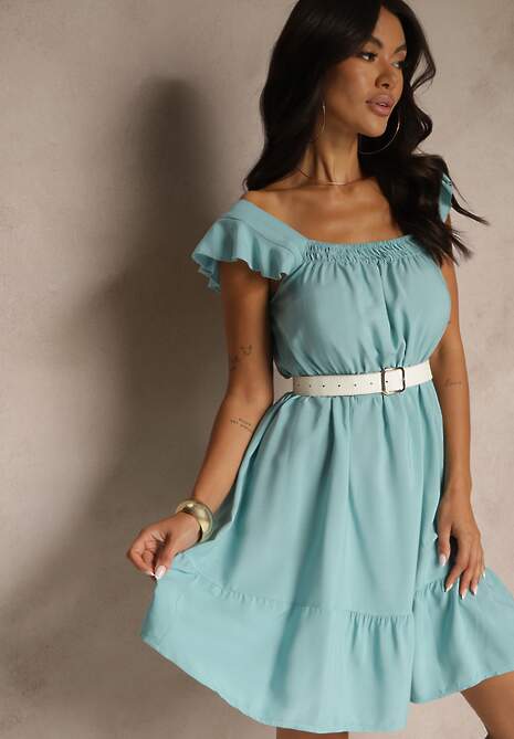 Niebieska Rozkloszowana Sukienka z Wiskozą z Gumką w Talii Lirandine