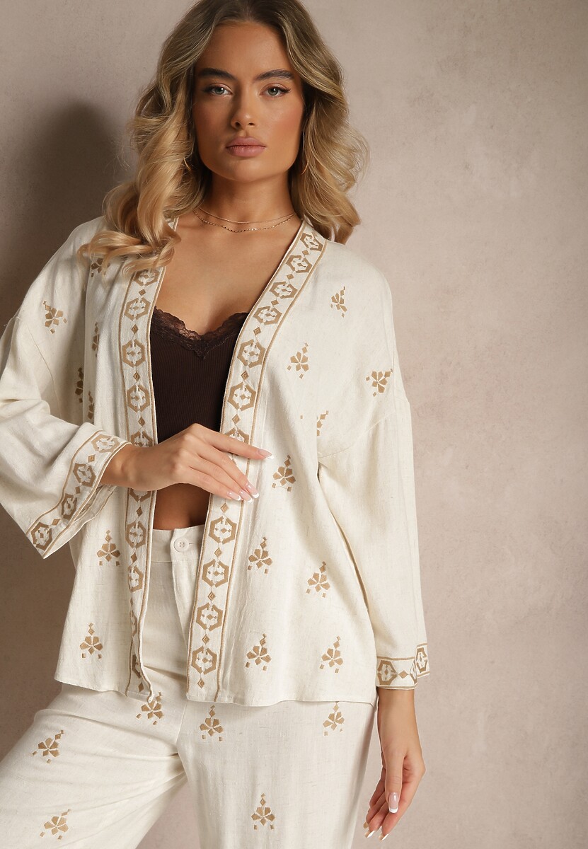 Biało-Beżowa Bluzka Typu Narzutka z Lnem Wiskozą i Haftem Caliven