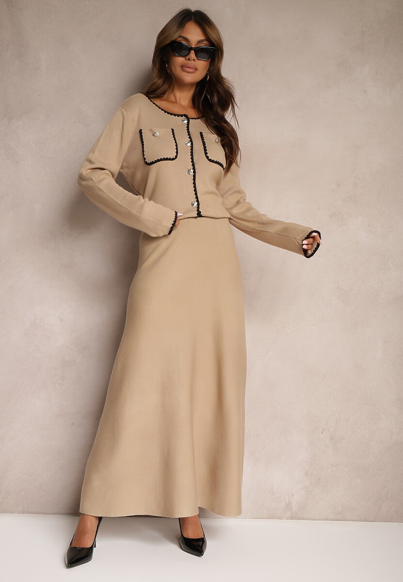 Beżowy Wiskozowy Komplet Rozkloszowana Spódnica z Gumką w Pasie i Rozpinany Kardigan Veriiana