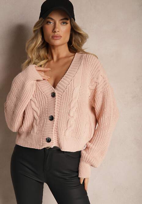 Jasnoróżowy Kardigan na Guziki z Warkoczykowym Splotem Heluzze