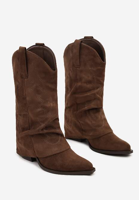 Brązowe Botki Kowbojki z Cholewką Imitującą Nogawkę Zellaxie