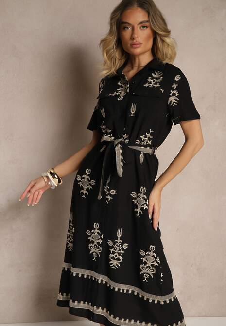 Czarna Koszulowa Sukienka z Wiskozy Ozdobiona Paskiem i Haftem Divirea