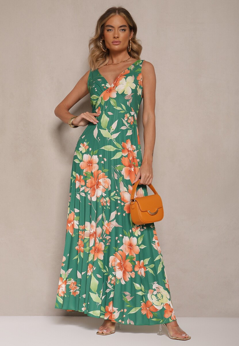 Beżowa Plisowana Sukienka o Rozkloszowanym Fasonie na Szerokich Ramiączkach Nitanela