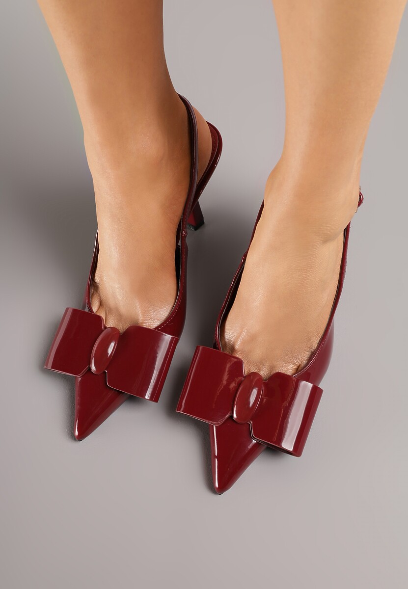 Bordowe Szpilki Slingback z Lakierowanym Połyskiem Zdobione Kokardą Sewlira