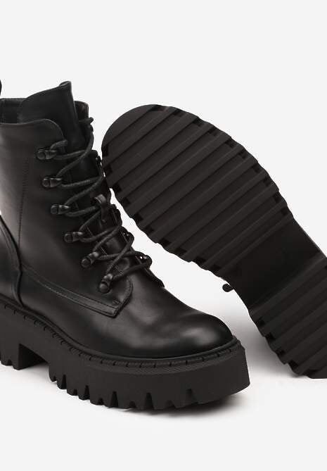 Czarne Ocieplane Botki Workery na Płaskiej Podeszwie ze Sznurowaniem Berilea