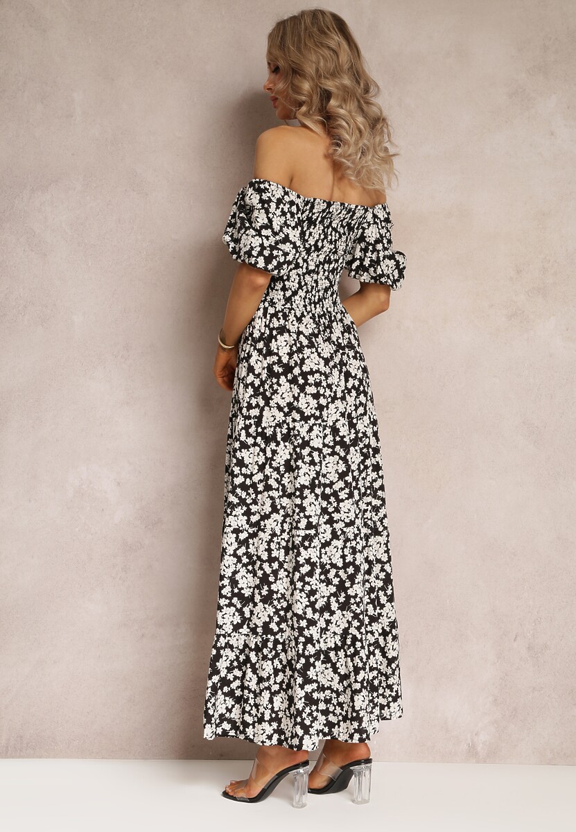 Czarna Trapezowa Sukienka Bawełniana w Kwiaty Cresenia