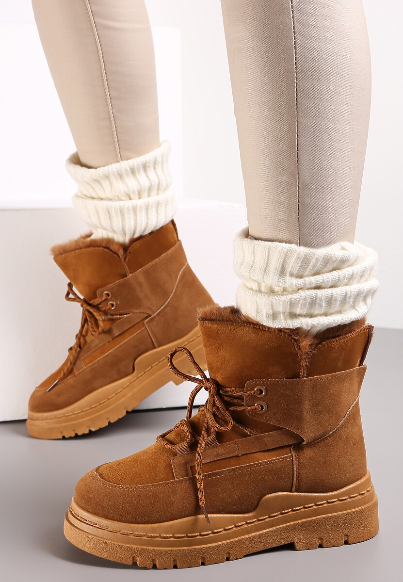 Brązowe Śniegowce na Platformie z Dekoracyjnym Wiązaniem i Futerkiem Cynra